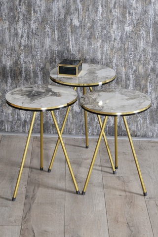 Zigon Sehpa Ve Orta Sehpa Kr Set Çift Gold Metal Beyaz Mermer Desen