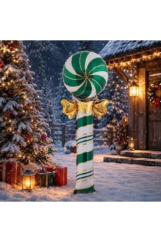 Vıp Yüksek Kalite 148 Cm Dev Fiyonklu Yeşil Beyaz Lolipop Şeker Çubuk Folyo Balon Yılbaşı Balonu