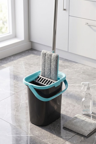 Compact Tablet Mop Temizlik Seti - Mikrofiber Paspas Ve Sıkma Hazneli Kova Siyah/mavi