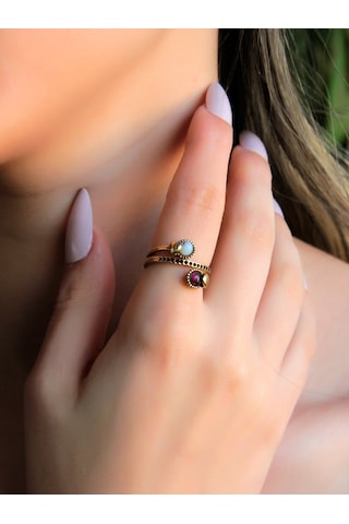 İkili 3mm Doğal Taşlı Antik Kadın Yüzük Dentirit Opal Granat Lal Taşı Euy32og Kırmızı