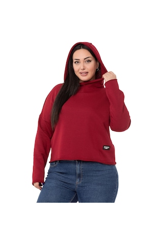 Büyük Beden Kapüşonlu Düşük Kollu Pis Dikişli Üç İplik Bordo Sweatshirt-bordo Bordo