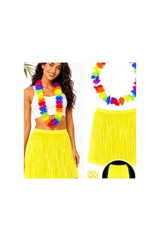 Neon Sarı Hawaii Etek 40 Cm Ve Rengarenk Hawaii Kolye Evimdeyokyok