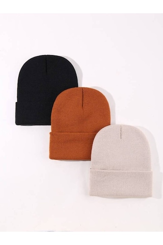 Eke Tekstil Unisex Katlamalı 3'lü Bere Seti Kiremit - Siyah - Taş Siyah - Kiremit