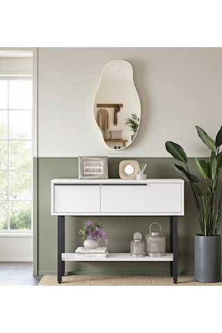 Robin Home Antre Hol Salon Aynalı Dresuar Kapaklı Metal Ayaklı No1 Beyaz Beyaz