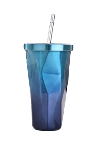 Monyee 500ml Çift Duvarlı Paslanmaz Çelik Termos Bardak, 6 Saat Isı Saklama, Damlacık Önleyici Kapağı Ve Pipetli Gezi Kahve Bardağı Mavi Degrade Mavi