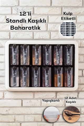 Porsima 1165 Random Standlı Kendinden Yapışkanlı Kaşıklı Kapaklı Baharatlık Seti 12'li Beyaz - Siyah Siyah - Beyaz