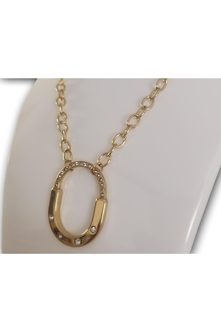 Uzel Çelik Taşlı Oval Model Şık Zarif Çelik Kolye Sarı