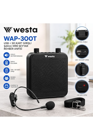 Westa Wap-300t Usb + Sd Kart Girişli Şarjlı Mini Seyyar Kablosuz Mikrofonlu Rehber Anfisi