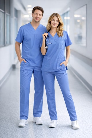 Likralı Hemşire Doktor Forması Premium Belinda Soft Kumaş Scrubs Hastane Üniforması Cerrahi Takım Mavi