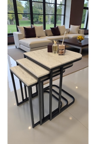 Viva Serisi 3'lü Zigon C Sehpa 1. Sınıf Membran Mdf, Dayanıklı Metal Ayak Traverten Desen - Siyah Ayak