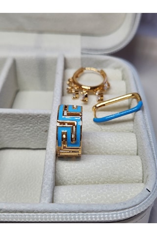 3'lü Mineli Mavi Halka Shakira Dikdörtgen Çelik Gold Küpe Seti Mavi