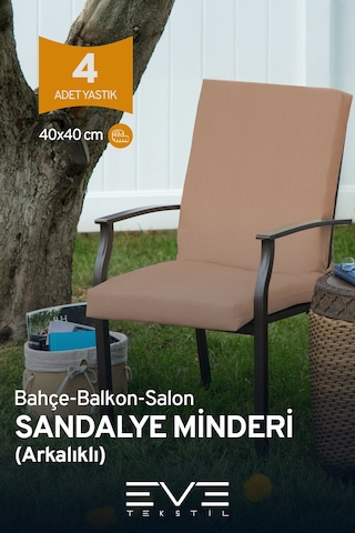 Eve Tekstil Bahçe - Salon - Balkon Arkalıklı Fermuarlı Bağlanabilir Yıkanabilir Sandalye Minderi 4 Adet Açık Kahve