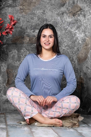 Lukitus Sıfır Yaka Uzun Kol Pamuk Kadın Pijama Takımı Mavi