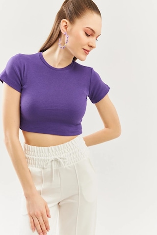 Kadın Kısa Kol Bisiklet Yaka Vücuda Oturan %100 Pamuklu Kaşkorse Esnek Crop Bluz Mor