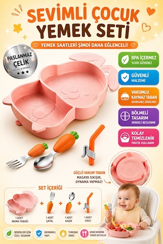 Pembe Vakumlu Silikon Mama Tabağı, Silikon Saplı Metal Uçlu Çatal Ve Kaşık Tavşan Figürlü