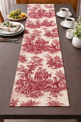 Toile De Jouy %100 Pamuk Dekoratif Masa Runner 40x110 Cm - Zt310 Kırmızı
