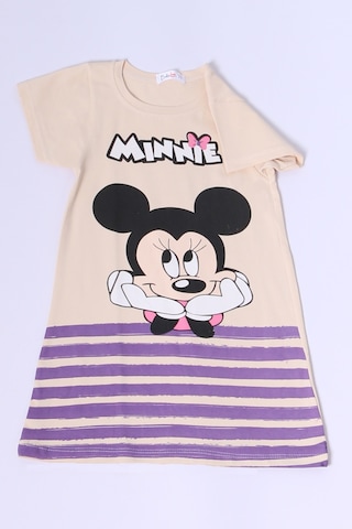 Kız Çocuk Elbise Karakter Baskılı Çizgili A25 Bej