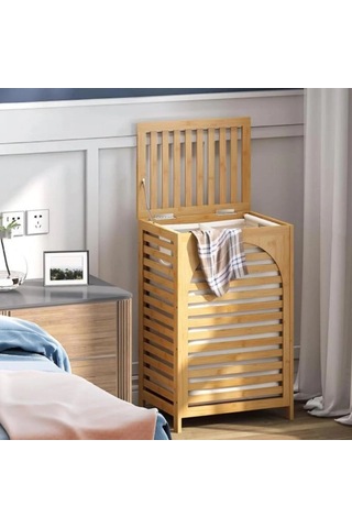 Kalın Ahşap Bambu Kirli Çamaşır Sepeti Kumaş Çantalı Sepet 43x33x67cm Bx40 Çok Renkli