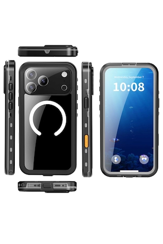 Apple Uyumlu iPhone 17 Pro Kılıf 360 Ön Ve Arka Koruyucu Su Geçirmez 1-1 Magsafe Pc+tpu Zırhlı Kapak Siyah