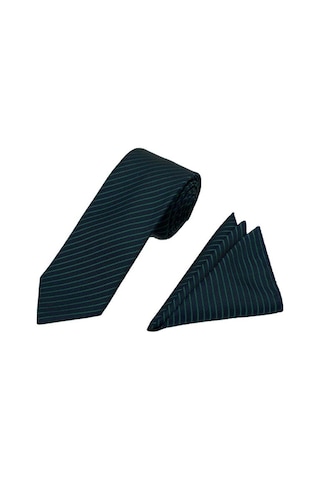 Brianze 7.5 Cm Lacivert Yeşil Çizgili Kravat Mendil Set Lacivert