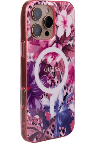 Apple iPhone 16 Pro Max Uyumlu Kılıf Guess Lisanslı Magsafe Özellikli Iml Baskılı Jungle Ring Mor