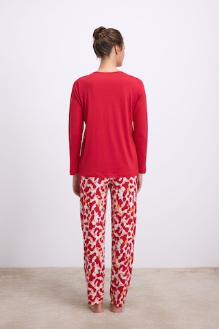 Man11562-1005 Anil Ev Giyim Anıl Kadın Uzun Kollu T-shirt Ve Desenli Pantolon Pijama Takımı Nefes Alabilen Kumaş 11562 Kırmızı