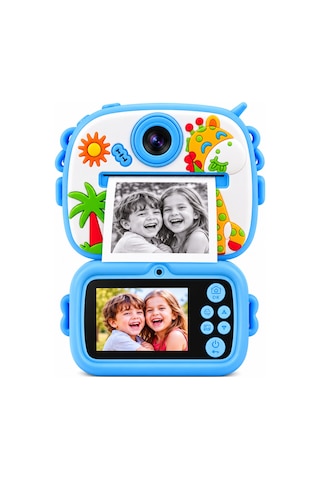 BLUE-3 Anında Baskılı Çocuk Fotoğraf Makinesi ,5 Fonksiyonlu, Video Özellikli Zürafa Desenli Kamera-1801