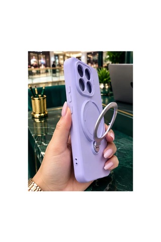 Mi 15 T Pro İle Uyumlu 360 Derece Dönebilen Kalın Metal Magsafe Halka Stantlı İçi Kadife Korumalı Ultra Lüx Premium Silikon Kılıf Lila