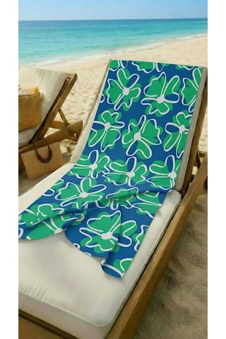 Yeşil Çiçek Desenli Saks Mavi Yüksek Su Emici 70x150cm Plaj Havlusu Renkli