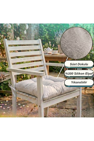 4 Adet - 40x40 Cm Lüks Süet Dokulu Gri Sandalye Minderi - %100 Silikon Elyaf Dolgulu Yıkanabilir Minder