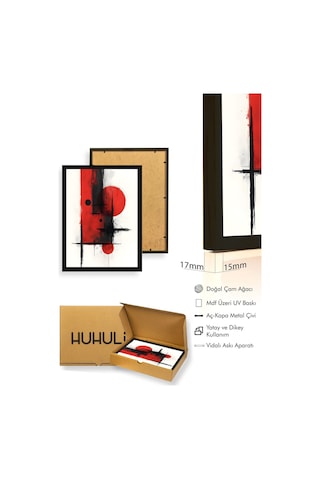 Doğal Ahşap Çerçeveli Soyut Geometrik Desenli Tablo - Kırmızı-siyah Huhu1246