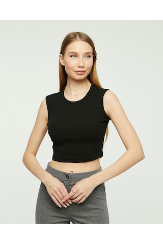 Bella Dossi Rahat Siyah Kaşkorse Kolsuz Sıfır Yaka Kadın Crop Top Siyah