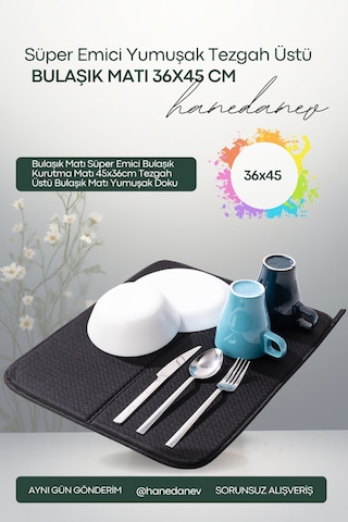 1 Adet Bulaşık Matı Süper Emici Bulaşık Kurutma Matı 45x36cm Tezgah Üstü Bulaşık Matı Yumuşak Doku Siyah