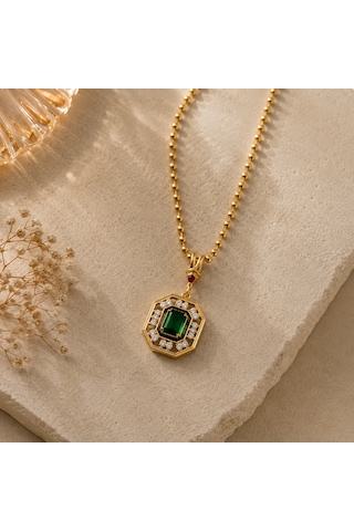 Premium Gold Renk Parlak Ve Şık Yeşil Taş Detaylı Baget Kesim 316l Çelik Kadın Kolye 45cm Altın - Yeşil