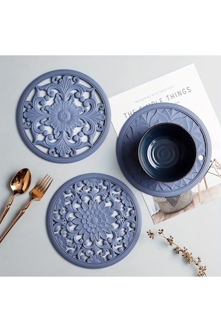 Brightnova 3'lü Awoo Dekoratif Silikon Tutucu Mavi 16cm Isıya Dayanıklı Kaydırmaz Mutfak Matı