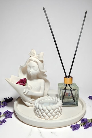 Dekoratif Vazo, Oda Kokusu Ve Mum Seti - Vazo+oda Kokusu+tealight Mumluk Ve Mum+yuvarlak Tepsi Beyaz