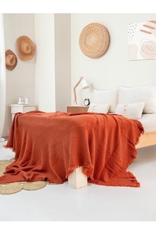 4 Katlı Müslin Yatak Örtüsü - Kiremit Renk Çift Kişilik Pike