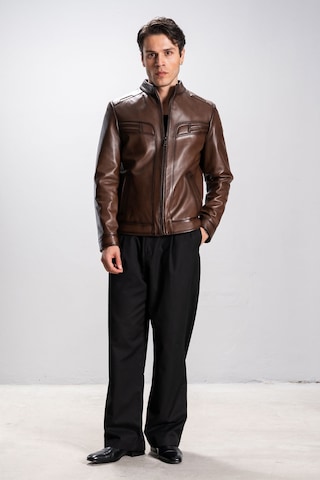 Dericlub Albert Erkek Hakim Yaka Slim Fit Gerçek Deri Mont Camel Antik Camel