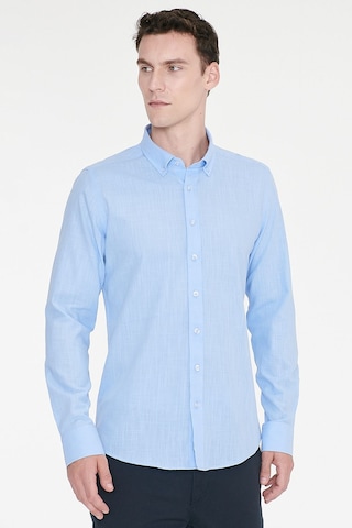 AC&Co / Altınyıldız Classics Tailored Slim Fit Dar Kesim Düğmeli Yaka %100 Pamuk Erkek Gömlek Mavi