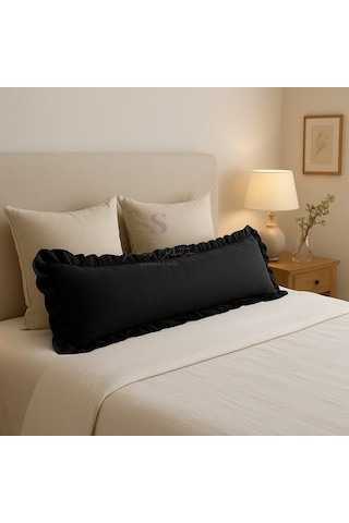 Fırfırlı Vintage Buldan Siyah Renk Iskandinav Uzun 40x100 Kırlent Yastık İçi Dolgulu Siyah