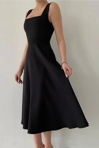 Unika Boutique Kadın Siyah Kare Yaka Askılı Uzun Siyah Elbise Karesiyah