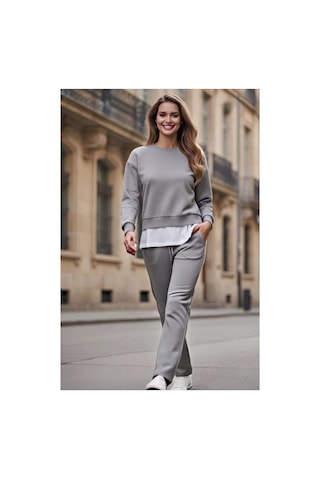 The Kadın Basic Bisiklet Yaka Etek Ucu Detaylı Sweatshirt Ve Pantolon Eşofman Takımı- Siyah/melanj/gri Gri