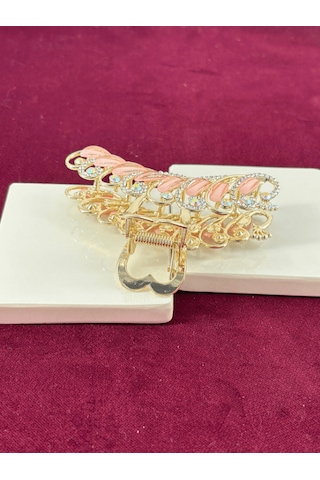 Koyu Pembe Sedef Yansımalı Parlak Taşlı Gold Renkli Saç Tokası Gold