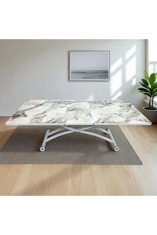 Ortadan Açılır Akıllı Masa Üst Mdf Beyaz Mermer Alt Ayak Beyaz