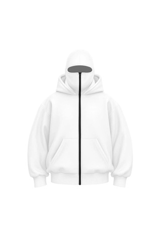 Suma Beyaz Çift Kapşonlu Zıp Fermuarlı Kanguru Çepli Hoodie Maske Detaylı
