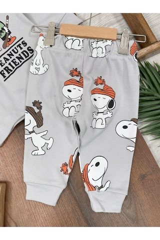 Bisiklet Yaka Peanuts Friends Baskılı Alt Üst Pijama Takımı 4bb2 Gri