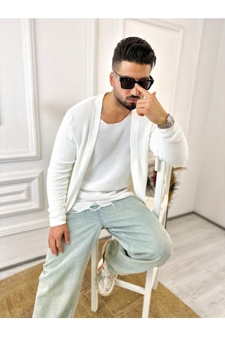 Elku Moda Hırka Örgülü Şal Yaka Mevsimlik Tüylenmez Örgü Triko Hırka Beyaz