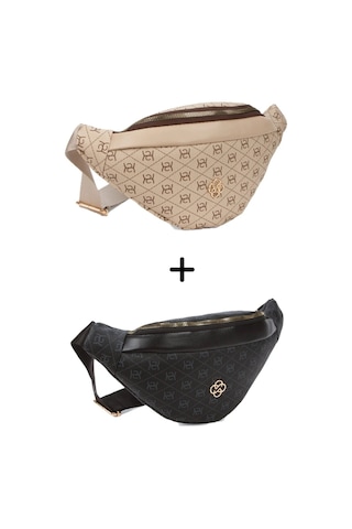 Newish Polo Kadın Desenli Çapraz Omuz Askılı Bel Ve Omuz Çantası 2 Adet - New345 - Bej - Taş