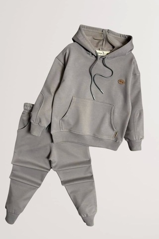 Kapüşonlu Ve Kanguru Cepli Gri Renk Erkek Çocuk Eşofman Takım Gri