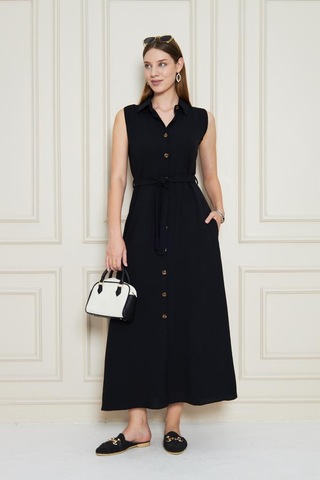 Kadın Uzun Aerobin Elbise Gömlek Yaka, Kolsuz, Kemerli, Yandan Cepli Yazlık-3762385 Siyah